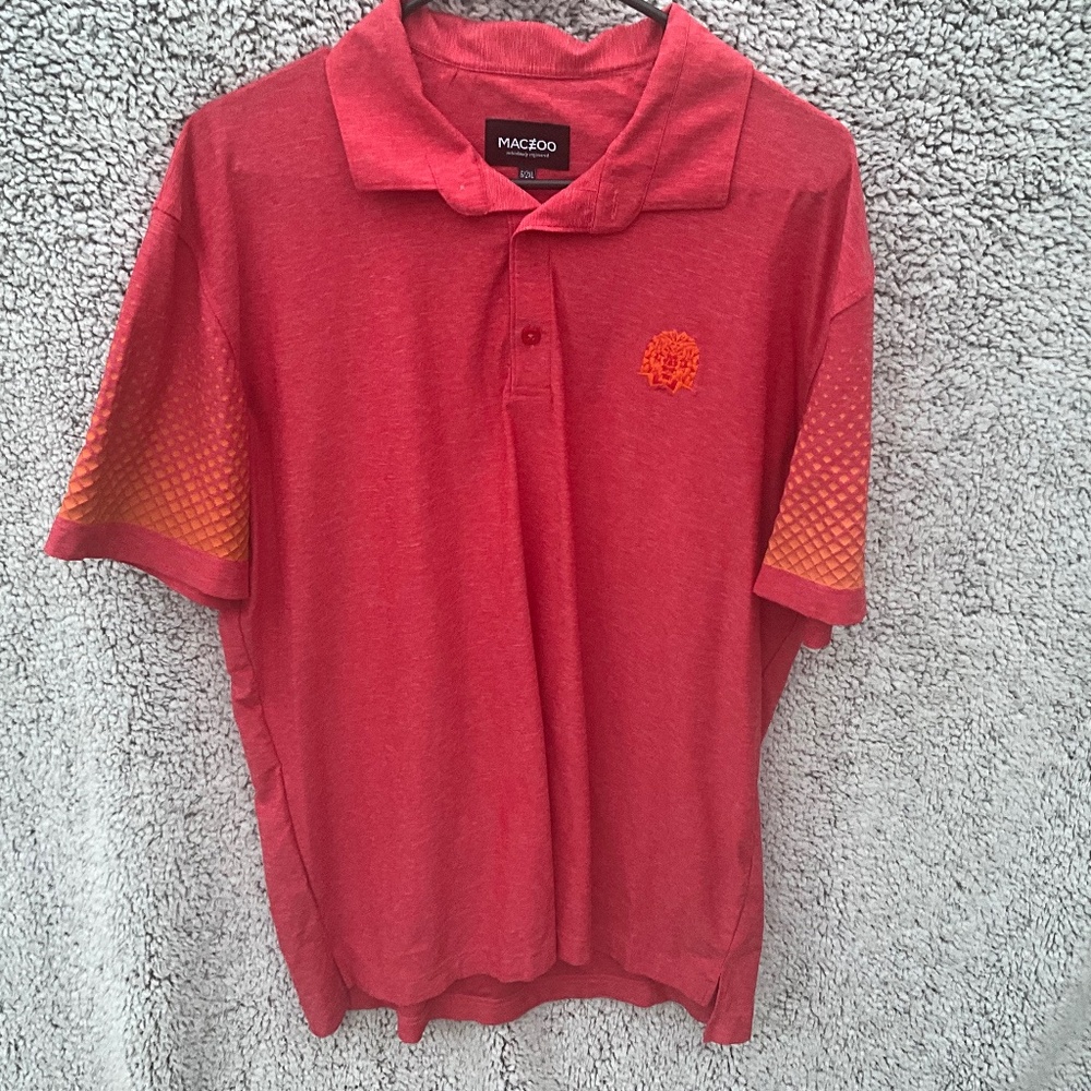 Maceoo Red with orange polo shirt.  Size 6/XXL